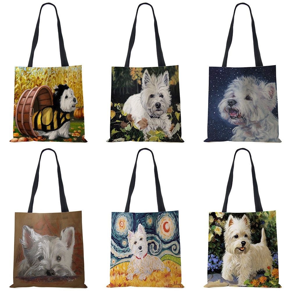 Unique Design Westie Dog Painting Square Handbag for Women Shoulder Bags Large Capacity Eco Linen Totes