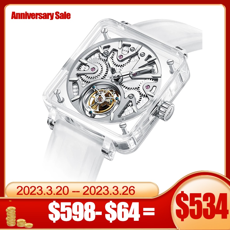 GIV Crystal Skeleton Tourbillon Watch for Men Transparent Manual Movement Wristwatch Sapphire Mirror Waterproof Watch 48 Hour