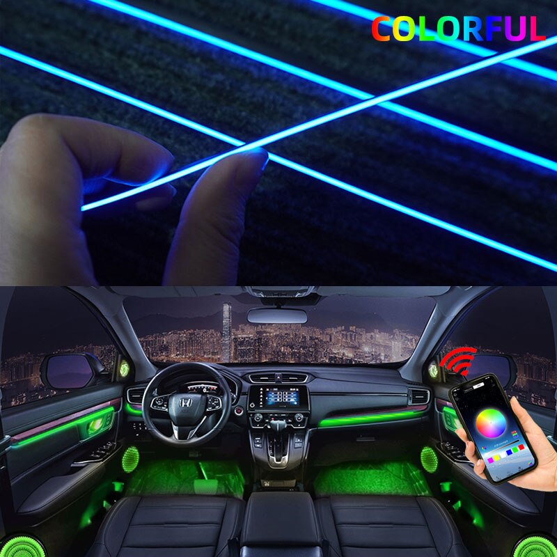 6 In 1 LED RGB 64 Color Ambient Light Interior Acrylic Strip Backlight Car Guide Decoration Atmosphere Lamp 12V Universal