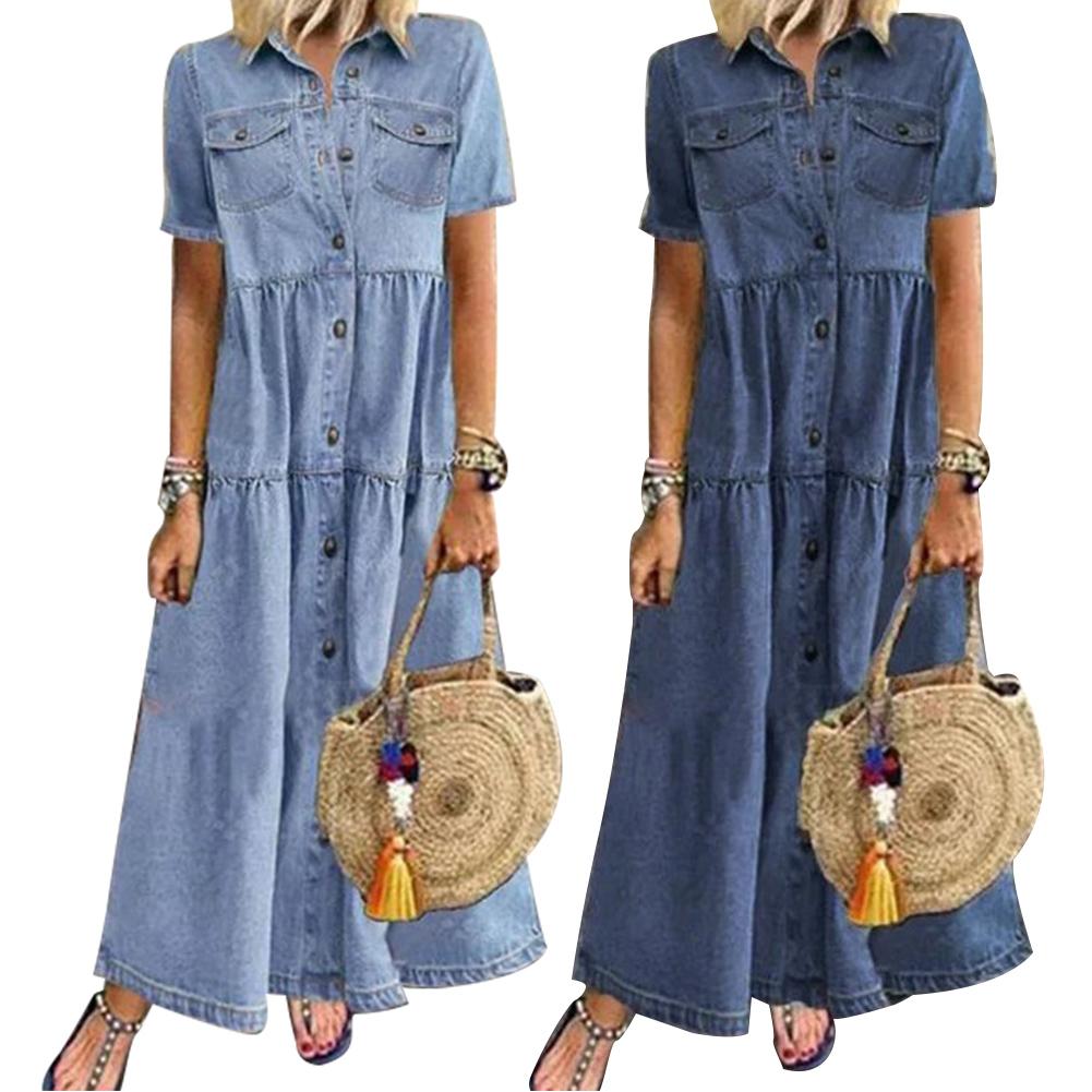 Retro Women Dresses 2022 Short Sleeve Turn Down Collar Pockets Button Long Loose Denim Dress Summer Long Dress