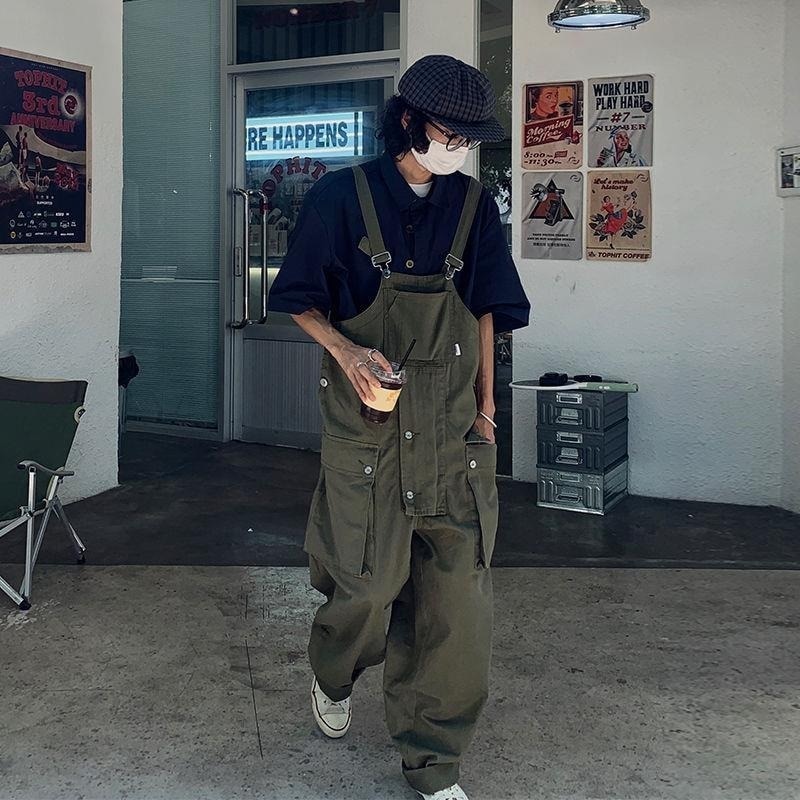 2022 Men's Retro Designer Overalls Workwear Sling Korean Loose Wide Leg Jumpsuit Streetwear Solid Color Men's Clothing