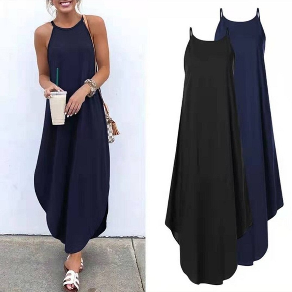 Women Dress Summer 2022 Casual Sleeveless Halter Solid Beach Long Dress Round Neck Sling Fashion Beach Clothes 5XL