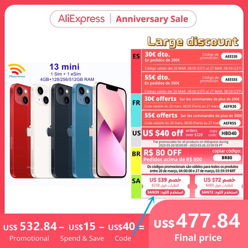 95% New Original iPhone 13 Mini 128GB 256GB ROM 5G Mobile Phone 5.4' Super Retina XDR OLED Dual 12MP A15 Processor Face ID