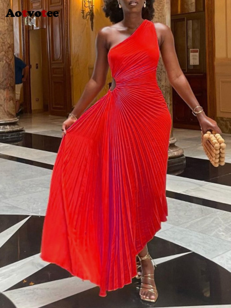 Aotvotee Women Dress One Shoulder Orange Sleeveless Diagonal Collar Pleated A-Line Dresses Sexy Party Prom Evening Vestidos 2023