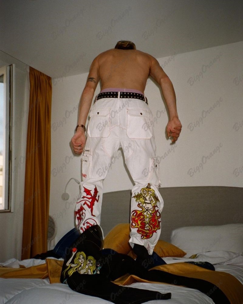 Creative demon embroidery wash jeans men's queen size pants straight y2k slacks men clothing trousers cargo pants